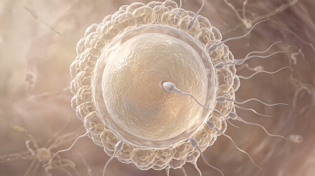 Microscopic view of healthy sperm cells approaching a human egg cell during fertilization, reproductive medicine, IVF treatment, embryology research and human conception concept