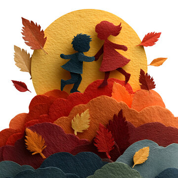 Handcrafted paper silhouette children playing with autumn leaves under sunset sky