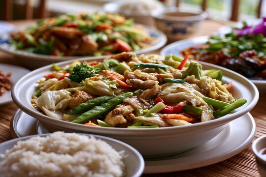 Family-style chop suey serving dish filled with colorful vegetables and chicken, accompanied by rice and additional dishes on a wooden table