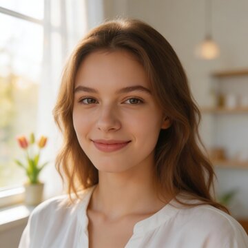 Portrait of a young smiling woman in a bright cozy room with window light
