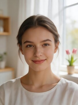Portrait of a young smiling woman in a bright cozy room with window light