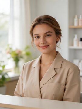 Portrait of a young smiling woman in a bright cozy room with window light
