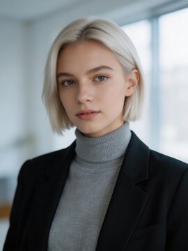 Professional young woman with blonde bob hair wearing black blazer and grey turtleneck