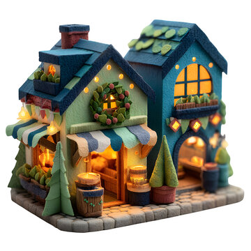 Handcrafted paper village house lamp with warm holiday lighting and festive decorations