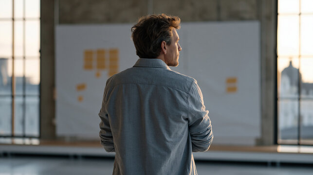 Scrum master standing alone in a stripped empty office space reviewing sticky note remnants on a bare whiteboard wall, the desolate location and over-the-shoulder framing