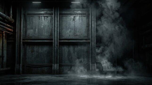 Dark industrial background with old metallic wall pipes and smoke