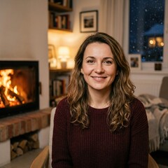 Obraz premium Smiling mature woman in burgundy sweater sitting near warm cozy fireplace in winter