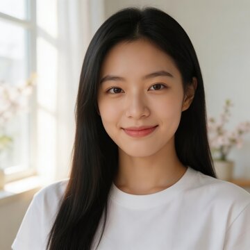 Portrait of smiling young Asian woman in white t-shirt at bright home interior