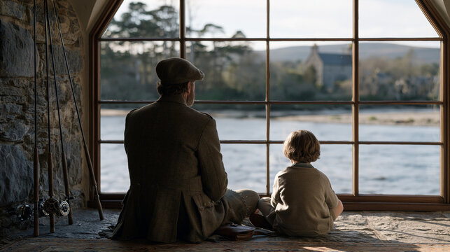 Ghillie-suited angler and a young grandchild sharing a river bank under the vaulted ceiling of a luxury fishing lodge interior, rods propped against stone walls, a generational