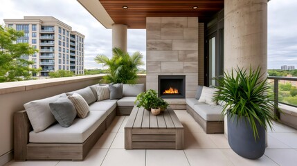 Obraz premium Modern luxury penthouse balcony with outdoor fireplace and city view