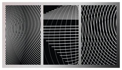 Triptych of intricate radial line patterns creates a striking visual effect with symmetrical curves and sharp contrasts for artistic projects. © BACKGROUND ART