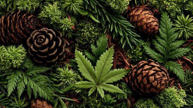 Natural forest floor organic background showing pine cones ferns cannabis leaves and moss textures