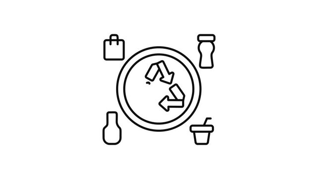 Minimalist outline animation of recycling symbol with waste items drawing on and fading out. Features a clean pop up style in 3 color setups.