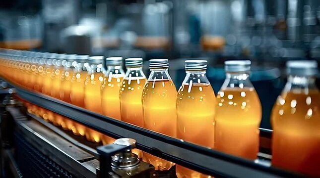 Rows of filled glass bottles with orange juice moving along an automated conveyor belt system in a modern beverage production factory, showcasing industrial automation and mass production