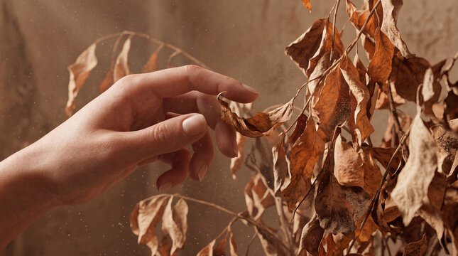 Woman hand touching dry plant leaves in warm monochrome interior