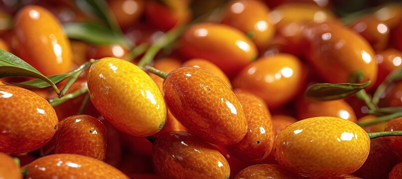 Abundant Heap Of Freshly Picked Organic Oval Kumquats Displayed In A Detailed Macro Photography Shot