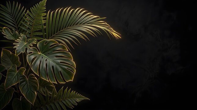 Premium dark botanical background featuring tropical palm leaves with dramatic lighting. Suitable for luxury branding, fashion, premium packaging, restaurant menus, and cosmetic advertising.