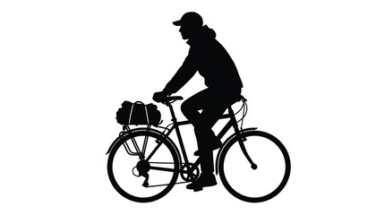 Obraz premium A black silhouette of a cyclist riding a bicycle with cargo bags against white background