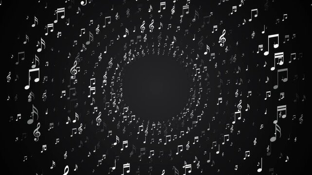 music notes flying space tuunnel on dark background animation,song, black and white music and concert stream social media motion background