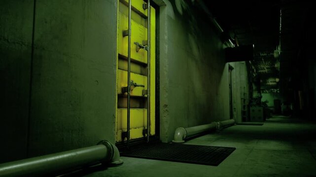 Yellow hazard door bathed in green industrial light, heavy latch and surrounding pipework indicate restricted utility access. Corroded concrete and utility