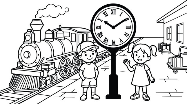 Line art train station clock scene with two children at platform