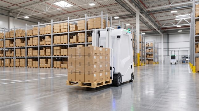 Autonomous robotic forklift carrying wooden pallet of boxes in warehouse
