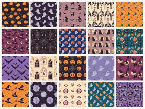 Set of twenty halloween seamless patterns featuring pumpkins, ghosts, black cats, skulls, witch hats, bats, and gothic windows