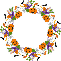 Obraz premium Cute Round Halloween Frame with Pumpkins, Ghosts and Copy Space