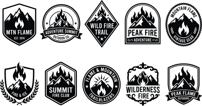 Set of ten vintage mountain and campfire adventure badges for outdoor exploration and wilderness camping brand identity design