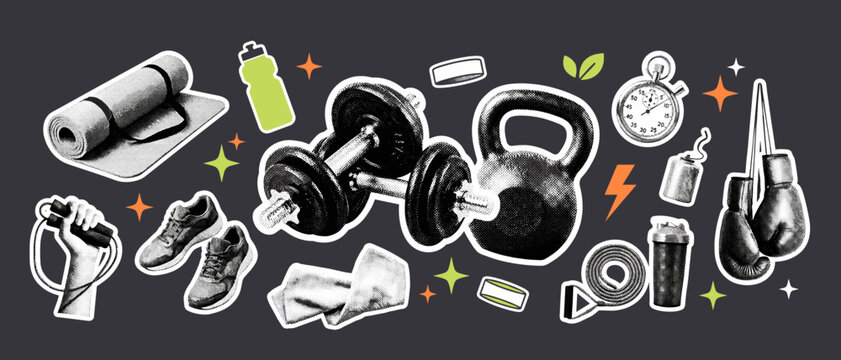 Gym fitness halftone collage sticker set vector illustration with dumbbells, kettlebell, boxing gloves and sneakers for workout branding