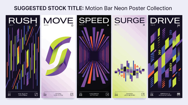 Motion Bar Neon Poster Collection, set of 5 abstract vertical banners with Rush Move Speed Surge and Drive text, futuristic geometric vector art