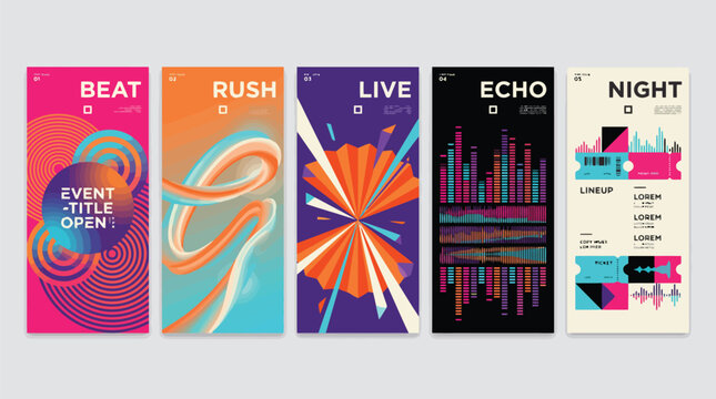 Modern music event flyer templates with abstract geometric shapes, set of 5 vertical concert posters, colorful festival social media stories