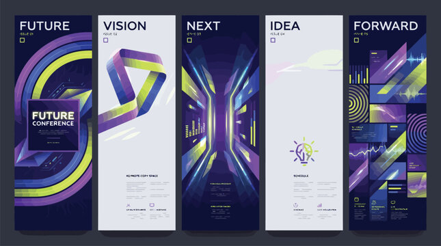 Futuristic business banner set with 5 vertical layouts, abstract tech conference roll-up designs, purple and lime green corporate event templates