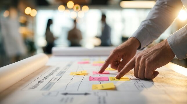 Close up of hands analyzing a value stream mapping on a long paper roll in a bright office.