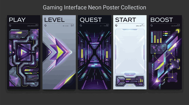 Gaming Interface Neon Poster Collection, Futuristic Cyberpunk UI HUD Vector Set, Purple and Blue Sci-Fi Vertical Banners for Esports and Mobile Apps