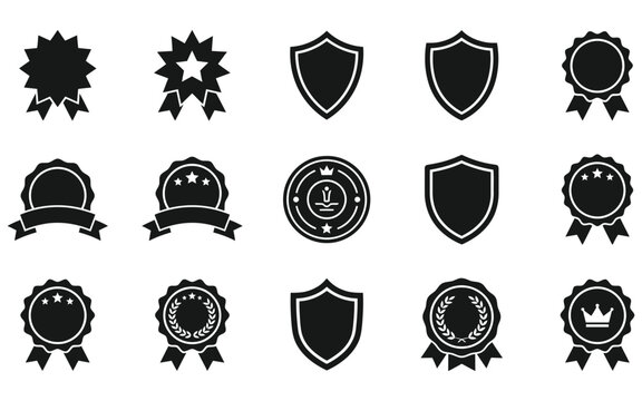 Collection of black flat icons depicting various award ribbons shields and starbursts on a white background