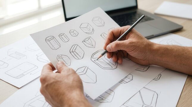 Production designer sketching product packaging prototype ideas and creative concepts.