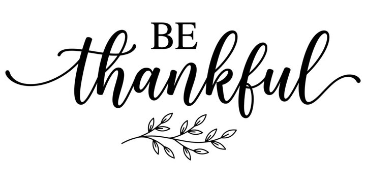 Elegant black and white calligraphy lettering of the word thankful with floral accents on a white background for gratitude concepts