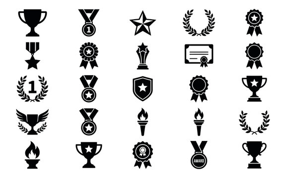 Collection of black award icons and symbols including trophies rosettes stars and laurel wreaths on a white background