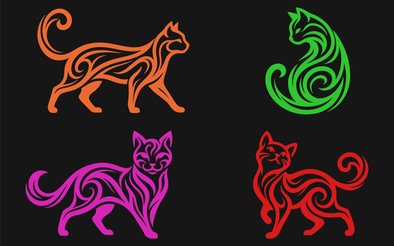 Colorful stylized cat designs in vector format showcasing different poses and swirling patterns on a black background