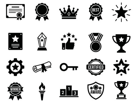 Collection of black award symbols and achievement icons on a white background representing success and recognition