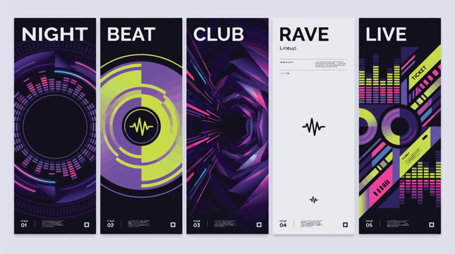Electronic music festival banner set with neon geometric shapes, rave party flyer templates, club night event posters with sound wave graphics