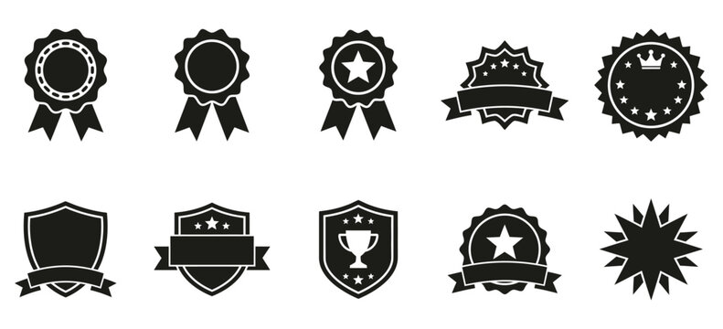Collection of black flat icons depicting various award ribbons badges and seals on a white background