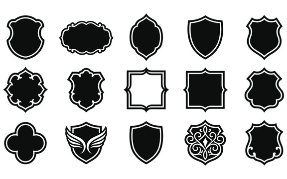 Collection of ornate black frames and decorative shields on a white background for vintage design and branding applications