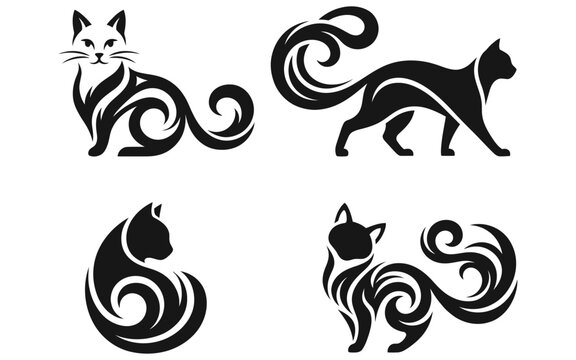 Black cat silhouettes with swirling ornamental designs on a white background for graphic design and feline themed projects