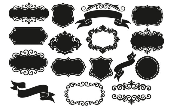Collection of ornate black vector frames and labels on a white background for vintage designs and decorative elements