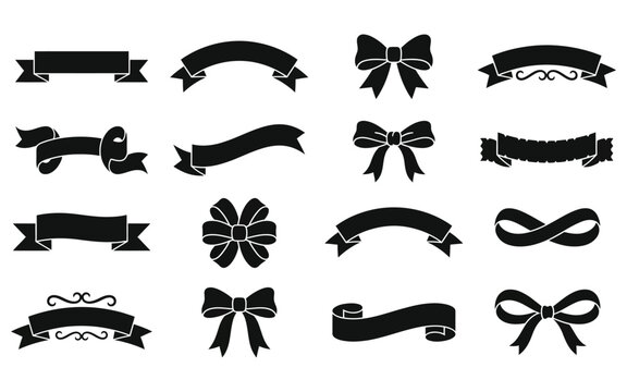 Collection of elegant black ribbon banners bows and flourishes in a vector silhouette style on a white background for design projects