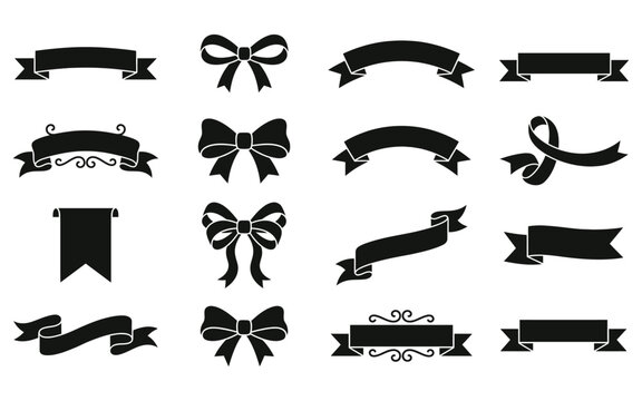 Collection of black ribbon banners and decorative bows on a white background for elegant design and gift wrapping