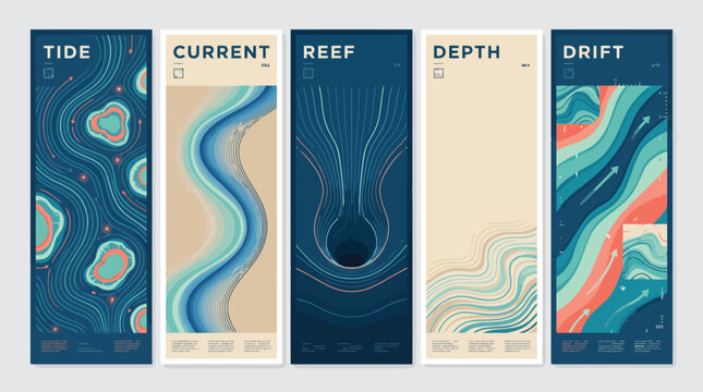 Abstract ocean wave banner set, minimalist sea tide and current posters, blue and beige nautical vector illustrations for web and print