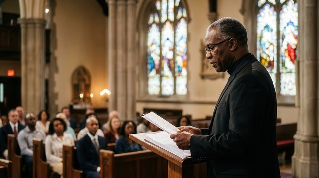 Black pastor in a suit reads from papers during a church worship service.